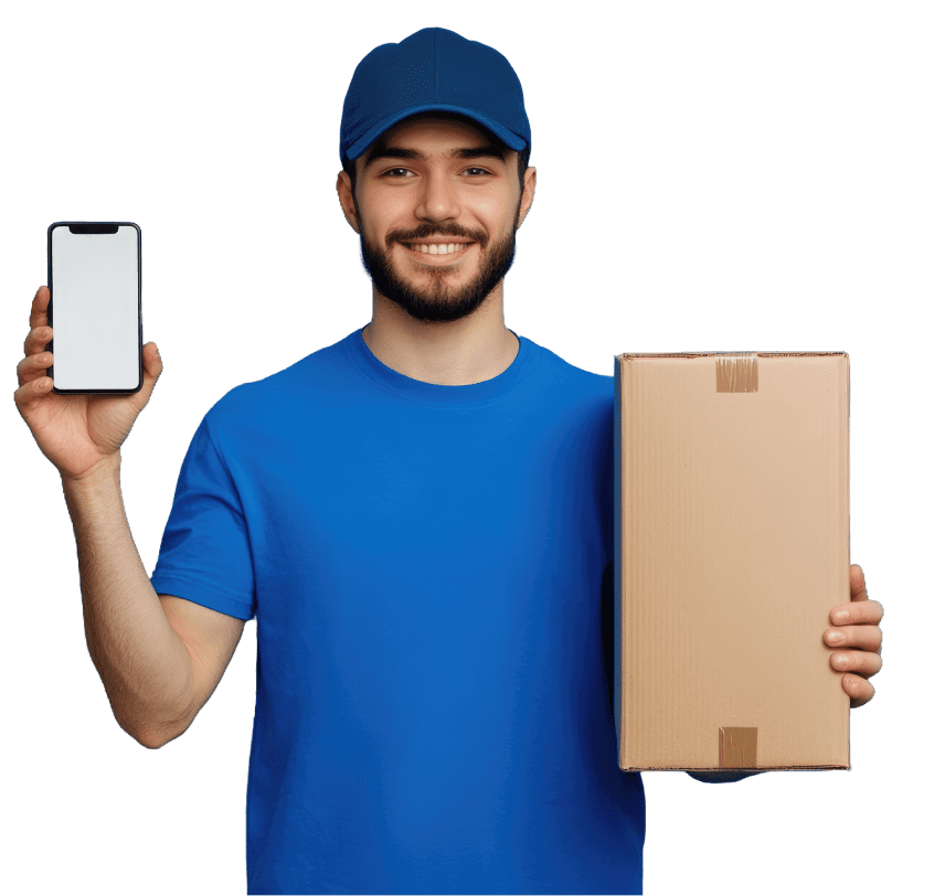 Smiling delivery man holding phone and box.