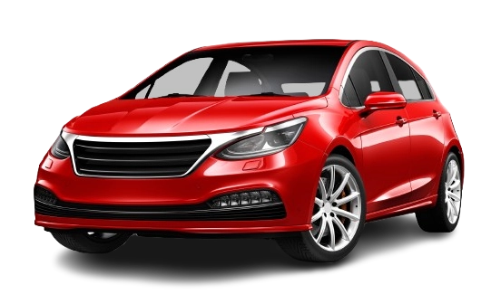 A red car is shown in front of a black background.