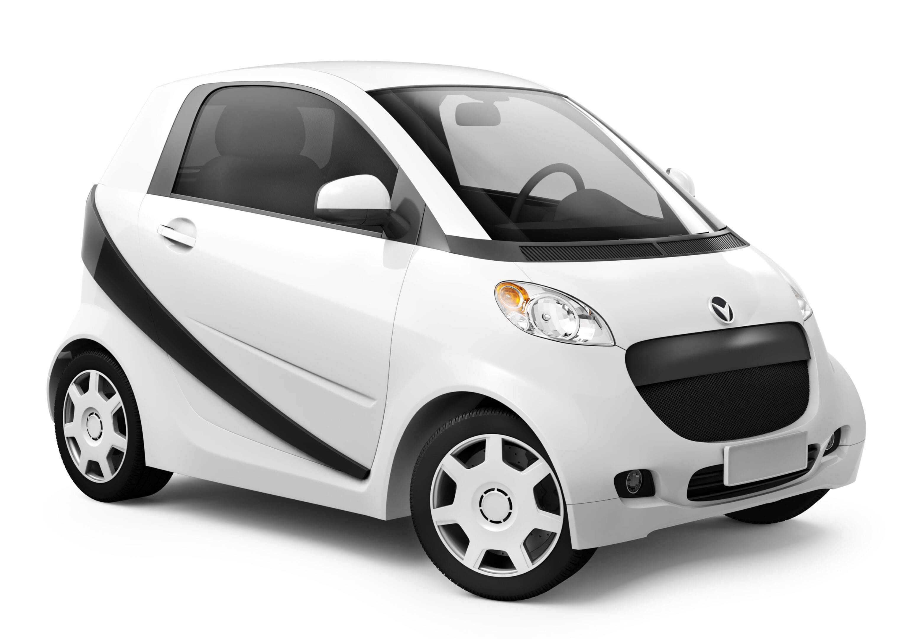 A smart car with black and white stripes on the side.