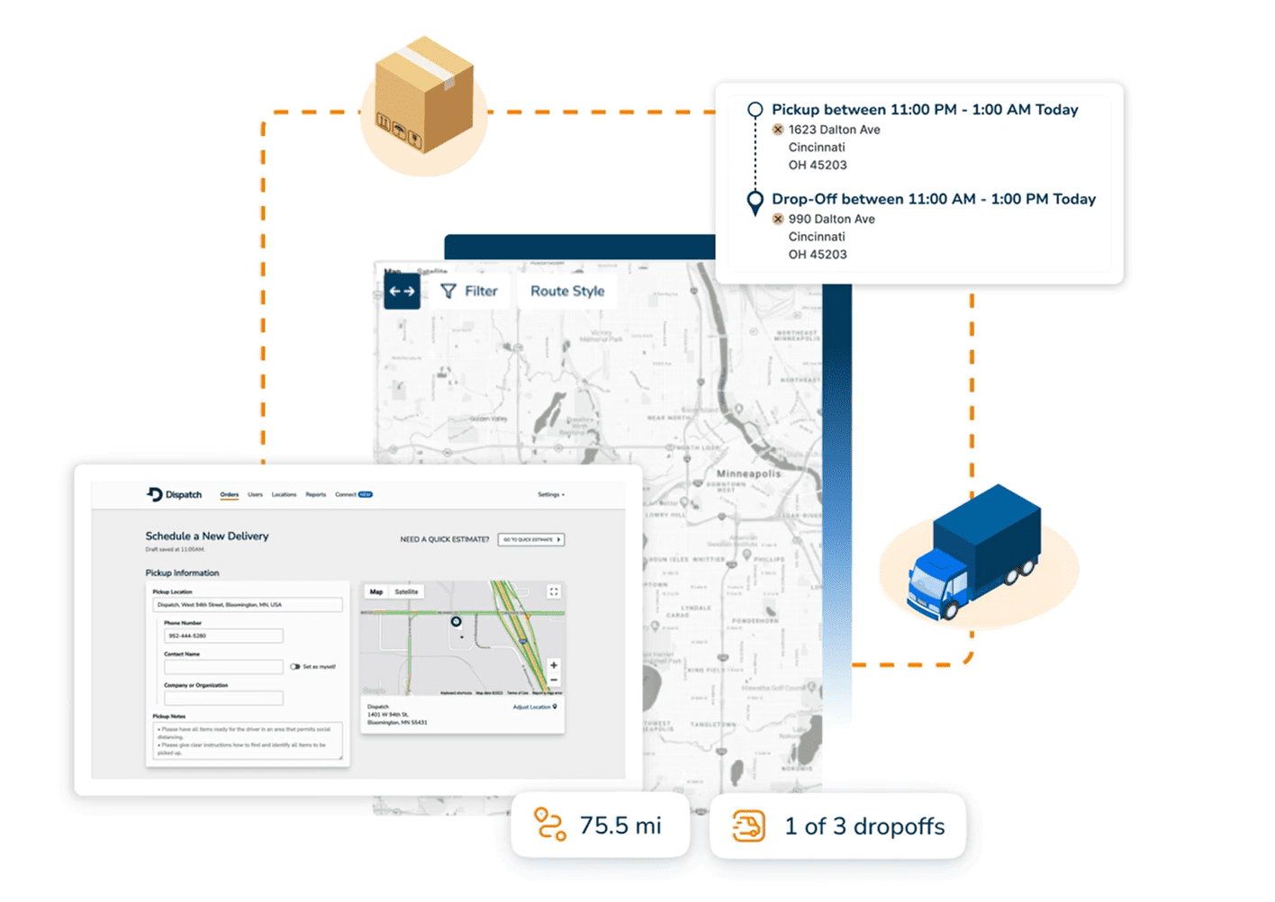 A map of the road with a box and a truck on it.